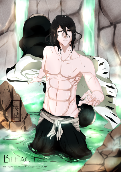 Anime picture 1411x2000 with bleach studio pierrot kuchiki byakuya ifragmentix single long hair tall image black hair inscription wet grey eyes coloring muscle waterfall boy water belt cloak stone (stones)