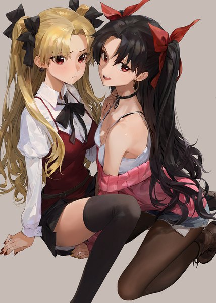 Anime picture 1200x1683 with fate (series) fate/grand order ishtar (fate) ereshkigal (fate) modare long hair tall image looking at viewer blush fringe breasts open mouth light erotic black hair simple background blonde hair hair between eyes sitting bare shoulders multiple girls