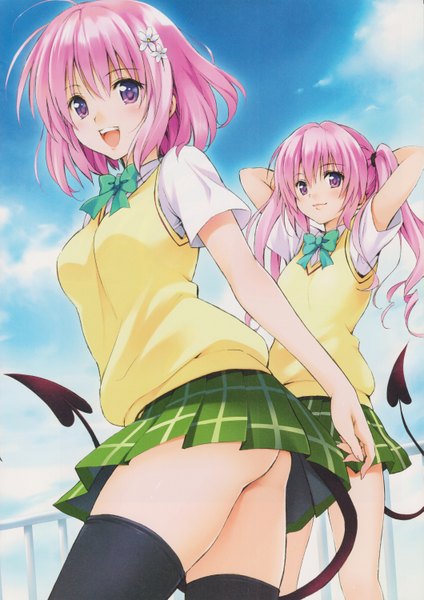 Anime picture 2118x3000 with toloveru toloveru darkness xebec momo velia deviluke nana asta deviluke long hair tall image blush highres short hair open mouth light erotic twintails multiple girls pink hair pink eyes scan official art siblings twins