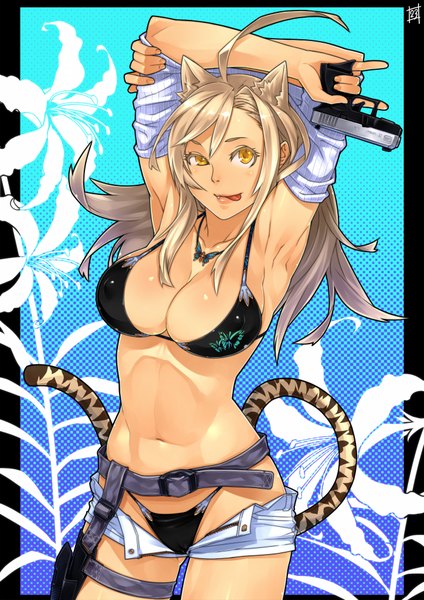 Anime picture 1446x2046 with 23 (real xxiii) single long hair tall image blonde hair animal ears yellow eyes cat ears teeth armpit (armpits) cat tail fang (fangs) girl weapon swimsuit bikini tongue gun black bikini