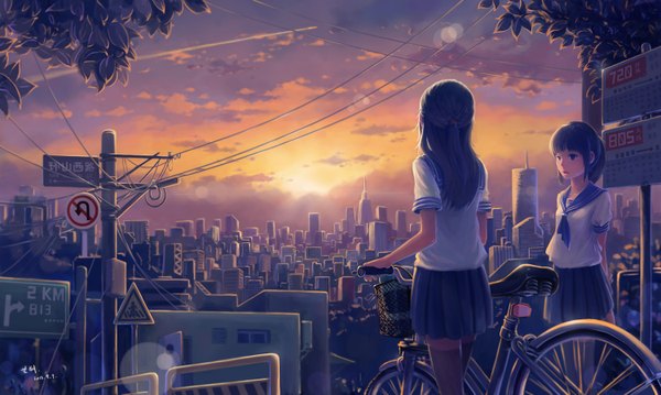 Anime picture 1500x899 with original tyc001x long hair blush short hair open mouth black hair wide image multiple girls sky cloud (clouds) ponytail black eyes sunlight back evening sunset hands behind back girl thighhighs
