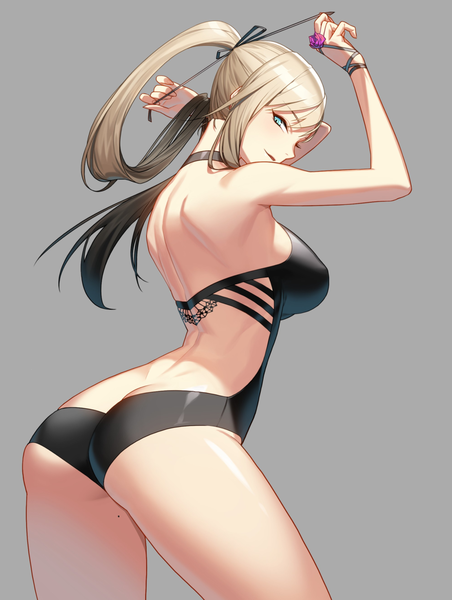 Anime picture 931x1234 with closers harpy (closers) haje single long hair tall image looking at viewer fringe breasts light erotic simple background blonde hair hair between eyes large breasts standing bare shoulders payot pink hair ass ponytail