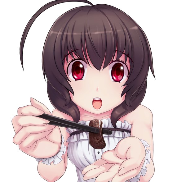 Anime picture 2960x2894 with ti-tang single long hair looking at viewer highres open mouth simple background red eyes brown hair white background bare shoulders girl food chopsticks meat yakiniku (food)