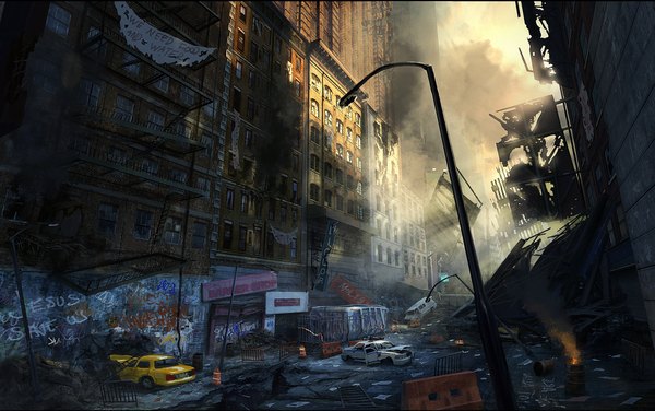 Anime picture 2050x1285 with crysis highres text city smoke cityscape no people english ruins building (buildings) ground vehicle fire car house lamppost