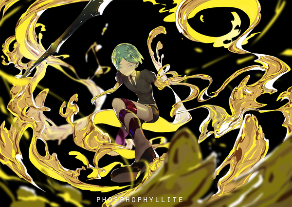 Anime picture 1403x992 with houseki no kuni phosphophyllite ryein single looking at viewer short hair green eyes green hair puffy sleeves character names androgynous spoilers uniform weapon sword necktie gold