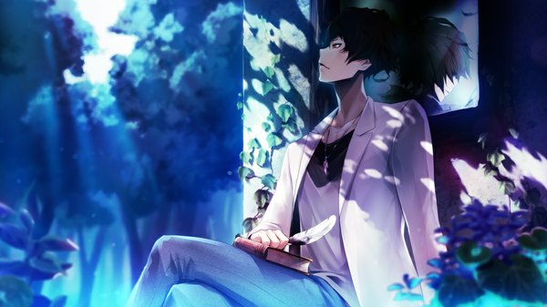 Anime picture 1024x576 with tokyo yamanote boys kyohei kurusu short hair black hair red eyes wide image profile sunlight shadow crossed legs light reflection looking up boy plant (plants) tree (trees) pendant book (books) feather (feathers) forest