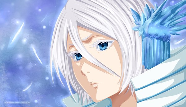 Anime picture 1416x816 with bleach studio pierrot kuchiki rukia rochete single short hair blue eyes wide image white hair coloring snowing close-up face girl snowflake (snowflakes) ice