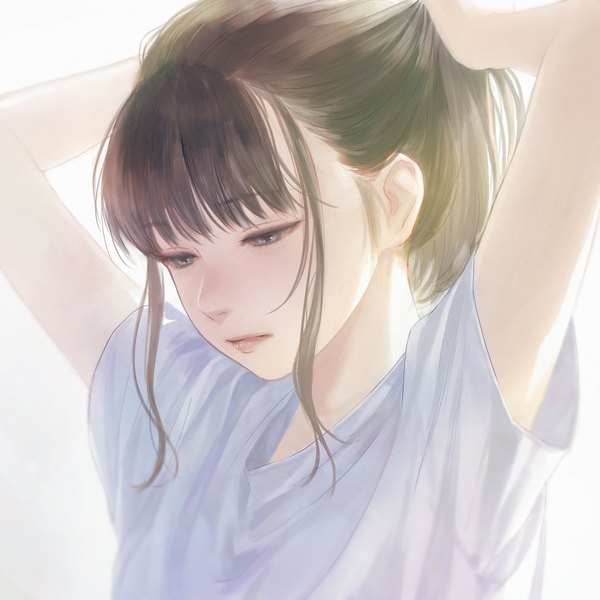 Anime picture 2893x2893 with original romiy single long hair fringe highres simple background brown hair payot upper body blunt bangs arms up grey eyes adjusting hair looking down light expressionless tying hair girl t-shirt