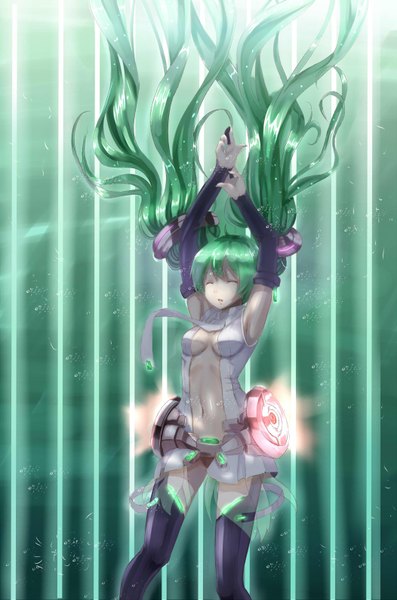 Anime picture 1052x1590 with vocaloid vocaloid append hatsune miku hatsune miku (append) tagme (artist) long hair tall image breasts open mouth light erotic twintails eyes closed aqua hair midriff light green background girl thighhighs skirt navel