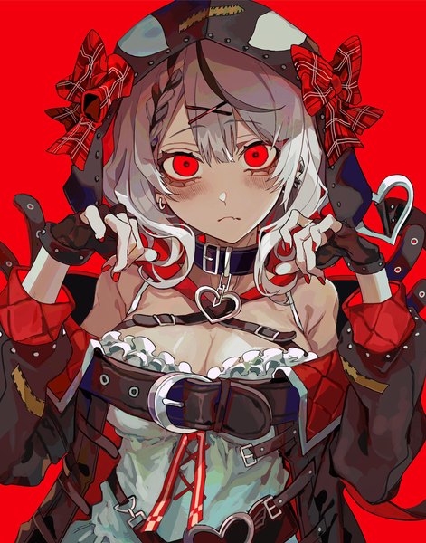 Anime picture 1606x2048 with virtual youtuber hololive sakamata chloe kuroume (aihikarikuroume24) single tall image looking at viewer fringe short hair simple background hair between eyes red eyes cleavage silver hair upper body nail polish red background red nail polish girl gloves