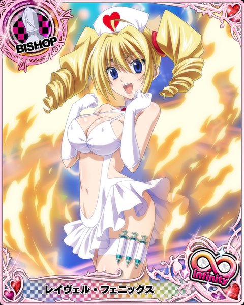 Anime picture 640x800 with highschool dxd ravel phenex single long hair tall image looking at viewer breasts open mouth blue eyes light erotic blonde hair twintails drill hair card (medium) nurse girl gloves navel uniform wings