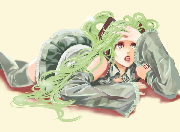 Anime picture 2130x1562 with vocaloid hatsune miku single highres open mouth twintails lying very long hair nail polish green hair looking up silver eyes girl thighhighs skirt detached sleeves
