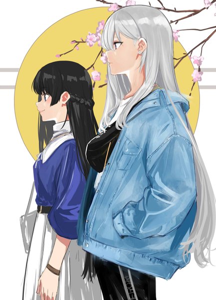 Anime picture 1100x1524 with virtual youtuber nijisanji tsukino mito higuchi kaede isshiki (ffmania7) long hair tall image fringe black hair hair between eyes standing purple eyes multiple girls looking away silver hair profile cherry blossoms half updo hands in pockets denim