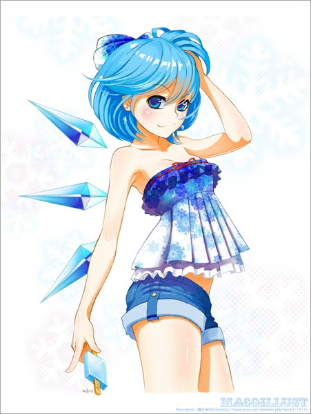 Anime picture 760x1010 with touhou cirno maco (macoillust) single tall image looking at viewer blush short hair blue eyes smile white background bare shoulders blue hair alternate costume hand on head girl bow hair bow wings food