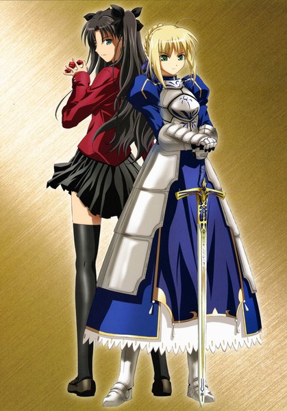 Anime picture 1748x2500 with fate (series) fate/stay night studio deen type-moon artoria pendragon (all) saber toosaka rin long hair tall image highres black hair blonde hair twintails multiple girls green eyes ahoge looking back back to back girl thighhighs