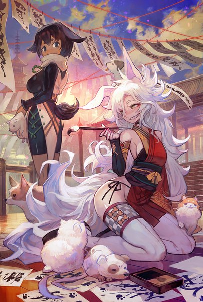 Anime picture 811x1200 with original lack tall image blush fringe short hair breasts light erotic black hair hair between eyes standing bare shoulders multiple girls holding green eyes animal ears sky cloud (clouds) white hair tail