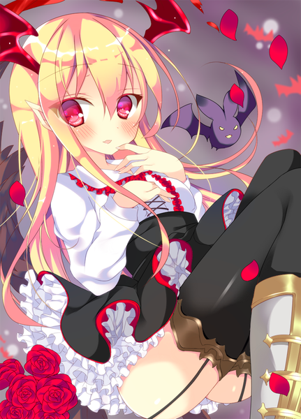 Anime picture 756x1051 with shingeki no bahamut granblue fantasy vampy satsuki mayuri single long hair tall image blush fringe open mouth light erotic blonde hair hair between eyes red eyes sitting payot looking away tail long sleeves pointy ears