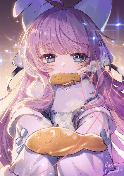 Anime picture 1800x2546 with azur lane tashkent (azur lane) apple caramel single long hair tall image looking at viewer blush fringe highres blue eyes holding payot purple hair upper body ahoge blunt bangs fur trim mouth hold outstretched hand