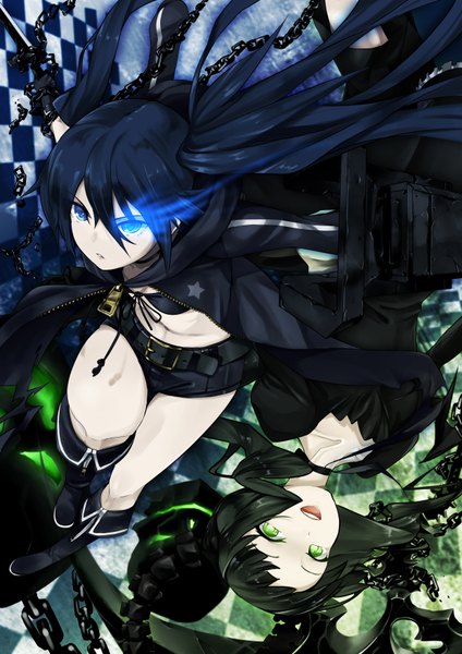 Anime picture 2480x3507 with black rock shooter black rock shooter (character) dead master nana g long hair tall image highres blue eyes black hair twintails multiple girls green eyes girl 2 girls shorts boots belt chain bikini top