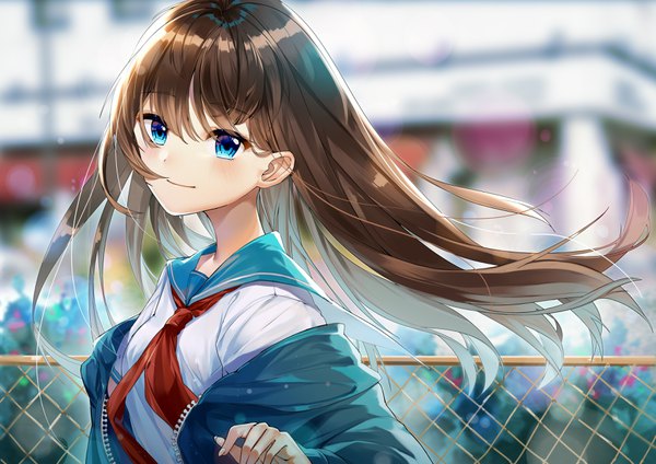 Anime picture 3507x2480 with original illian-san single long hair looking at viewer blush fringe highres blue eyes smile hair between eyes brown hair absurdres upper body outdoors blurry off shoulder open jacket depth of field girl