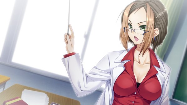 Anime picture 1280x720 with love replica short hair open mouth brown hair wide image green eyes game cg teacher girl glasses labcoat