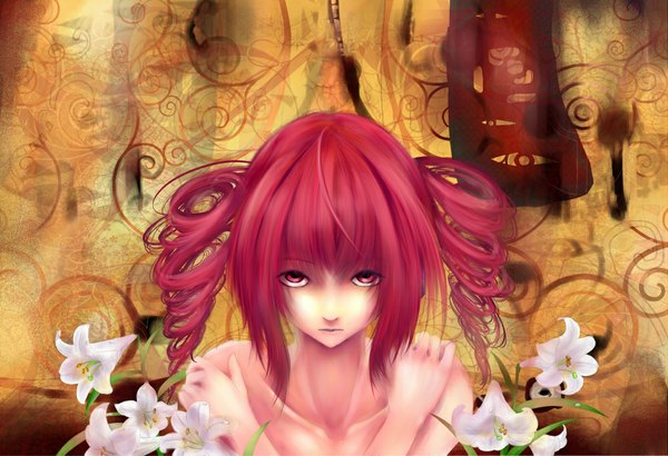 Аниме картинка 1000x684 с utau kasane teto mikeco один (одна) длинные волосы смотрит на зрителя красные глаза два хвостика голые плечи красные волосы закрученные волосы девушка цветок (цветы)