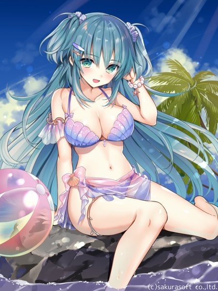 Anime picture 600x800 with original yuuki rika single long hair tall image looking at viewer blush fringe breasts open mouth light erotic hair between eyes large breasts sitting green eyes sky cleavage cloud (clouds) bent knee (knees) outdoors
