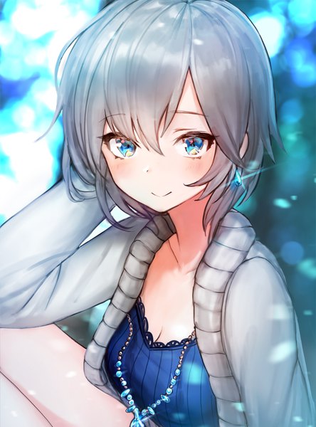 Anime picture 842x1138 with idolmaster idolmaster cinderella girls anastasia (idolmaster) mia (miaflocon) single tall image looking at viewer blush fringe short hair breasts blue eyes smile hair between eyes sitting grey hair arm behind head crystal snow girl earrings