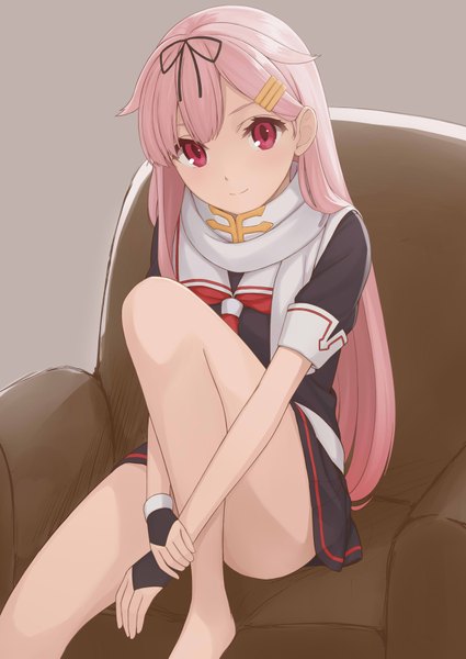 Anime picture 2507x3541 with kantai collection yuudachi destroyer nananichi single long hair tall image looking at viewer fringe highres light erotic simple background smile red eyes sitting pink hair bent knee (knees) head tilt barefoot light smile from above