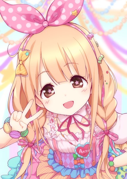 Anime picture 716x1011 with idolmaster idolmaster cinderella girls idolmaster cinderella girls starlight stage futaba anzu jampen single long hair tall image looking at viewer open mouth blonde hair brown eyes ahoge braid (braids) from above character names hand on hip twin braids symbol-shaped pupils victory