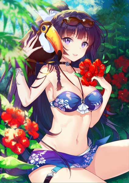 Anime picture 2000x2829 with benghuai xueyuan honkai (series) raiden mei manle single long hair tall image looking at viewer blush fringe highres breasts open mouth light erotic smile large breasts sitting purple eyes holding sky