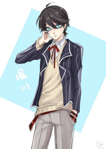 Anime picture 950x1330 with touken ranbu nitroplus horikawa kunihiro na yeon single tall image looking at viewer blush fringe short hair black hair simple background hair between eyes standing signed ahoge parted lips aqua eyes hand in pocket adjusting glasses