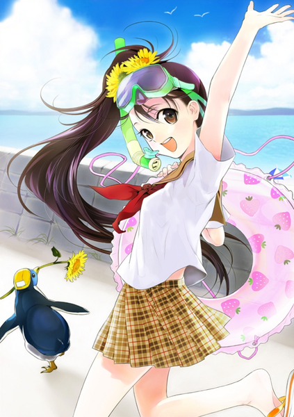 Anime picture 810x1150 with original morikura en single long hair tall image looking at viewer open mouth brown hair brown eyes sky cloud (clouds) arm up hair flower side ponytail horizon leg lift (legs lift) summer girl uniform flower (flowers)