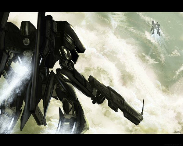 Anime picture 1024x819 with original edward montenegro sky cloud (clouds) flying weapon gun mecha