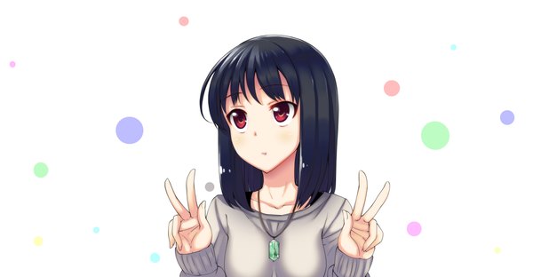 Anime picture 2307x1200 with original akino sora single long hair highres black hair red eyes wide image victory girl pendant sweater