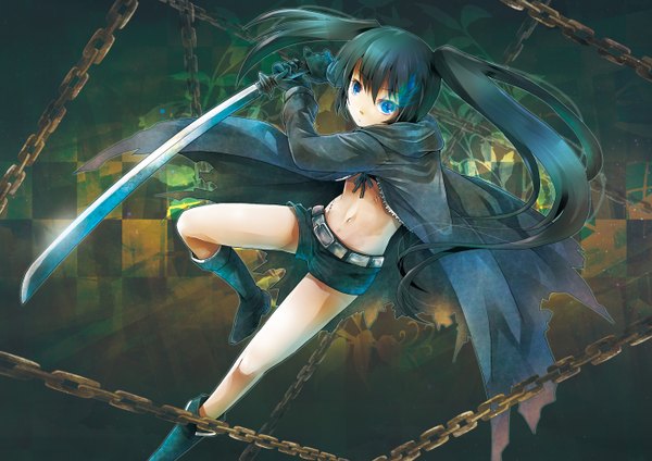 Anime picture 1400x990 with black rock shooter black rock shooter (character) single long hair blue eyes black hair twintails glowing scar glowing eye (eyes) checkered girl gloves sword shorts thigh boots chain cloak