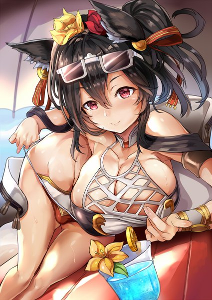 Anime picture 637x900 with granblue fantasy ilsa (granblue fantasy) himuro (dobu no hotori) single long hair tall image looking at viewer blush fringe breasts light erotic black hair smile hair between eyes red eyes large breasts animal ears payot lying hair flower
