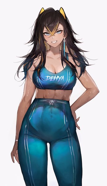 Anime picture 1268x2200 with genshin impact dehya (genshin impact) qiandaiyiyu single long hair tall image looking at viewer fringe breasts blue eyes light erotic black hair simple background smile hair between eyes white background animal ears cleavage multicolored hair midriff
