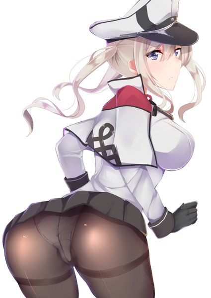 Anime picture 752x1062 with kantai collection graf zeppelin (kantai collection) ashino single long hair tall image looking at viewer blush fringe breasts blue eyes light erotic simple background blonde hair hair between eyes large breasts white background twintails ass parted lips