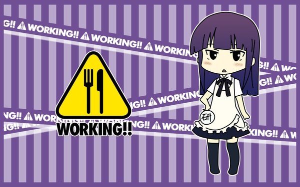 Anime picture 1920x1200 with working!! a-1 pictures yamada aoi long hair blush highres open mouth wide image purple eyes purple hair full body inscription waitress girl thighhighs black thighhighs apron sign