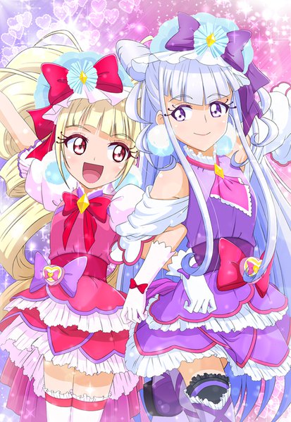 Anime picture 620x900 with precure hugtto! precure toei animation ruru amour aisaki emiru cure amour cure macherie destino tall image fringe open mouth blonde hair smile red eyes purple eyes multiple girls payot purple hair blunt bangs very long hair