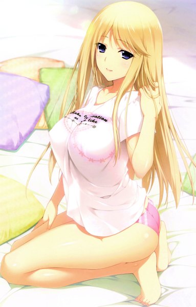 Anime picture 3947x6173 with lovely x cation 2 hibiki works yoshinoya seine iizuki tasuku single long hair tall image looking at viewer highres light erotic blonde hair purple eyes absurdres scan girl underwear panties pillow t-shirt