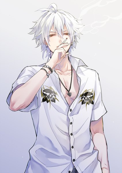 Anime picture 707x1000 with hypnosis mic aohitsugi samatoki huwakemushi03 single tall image looking at viewer fringe short hair simple background hair between eyes upper body ahoge white hair orange eyes gradient background piercing ear piercing smoke partially open clothes smoking