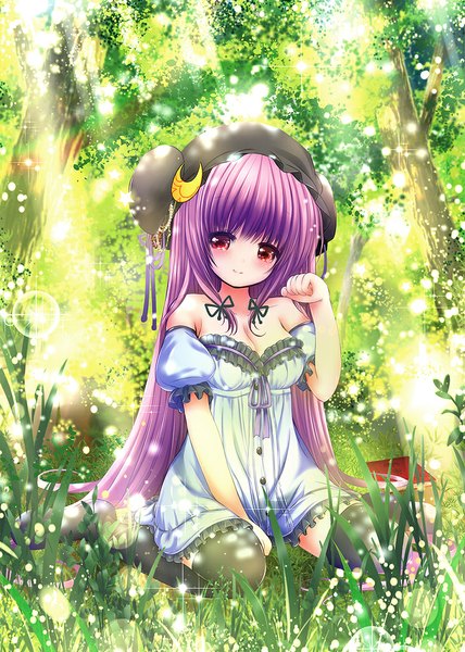 Anime picture 731x1024 with touhou patchouli knowledge catbell single long hair tall image blush red eyes purple hair girl thighhighs dress flower (flowers) black thighhighs plant (plants) tree (trees) frills grass bonnet