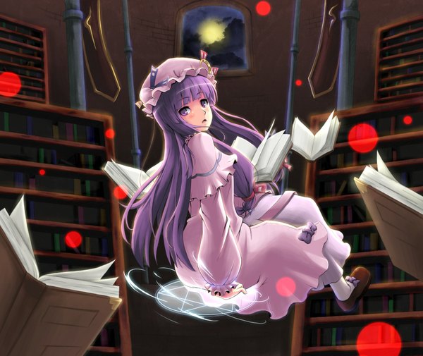 Anime picture 1900x1600 with touhou patchouli knowledge gayprince single long hair highres purple eyes purple hair indoors looking back weightlessness girl ribbon (ribbons) hat book (books) bonnet library