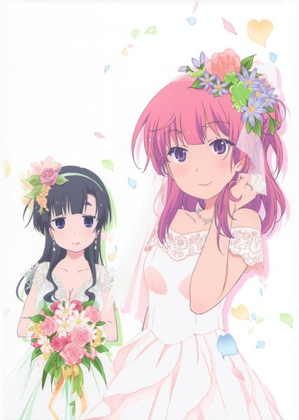 Anime picture 2878x4036 with ore no kanojo to osananajimi ga shuraba sugiru a-1 pictures fuyuumi ai akishino himeka long hair tall image looking at viewer blush highres black hair simple background white background purple eyes bare shoulders multiple girls pink hair pink eyes hair flower light smile scan