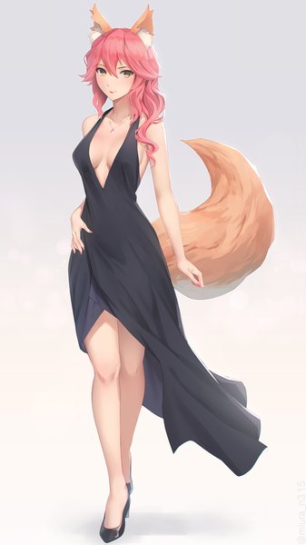 Anime picture 1080x1920 with fate (series) fate/grand order fate/extra tamamo (fate) (all) tamamo no mae (fate) miura-n315 single long hair tall image looking at viewer blush fringe breasts light erotic simple background hair between eyes standing bare shoulders animal ears pink hair