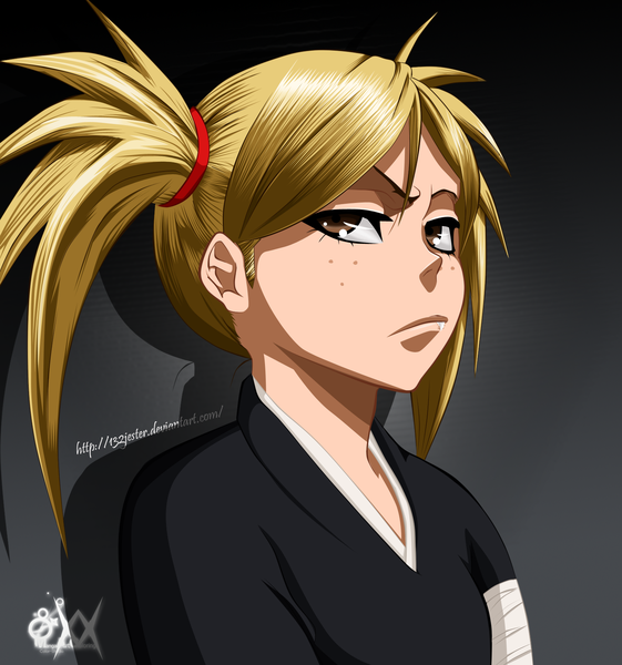 Anime picture 1500x1603 with bleach studio pierrot sarugaki hiyori 132jester single tall image short hair simple background blonde hair twintails brown eyes japanese clothes teeth fang (fangs) coloring portrait short twintails dark background face freckles