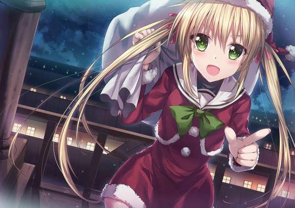 Anime picture 1500x1061 with hayate no gotoku! sanzenin nagi luzi (coffee-straw-luzi) single long hair looking at viewer blush fringe open mouth blonde hair hair between eyes standing twintails holding green eyes payot cloud (clouds) outdoors :d night