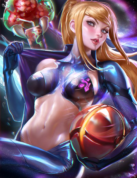 Anime picture 1236x1600 with metroid samus aran metroid (creature) sakimichan single long hair tall image blush fringe blue eyes light erotic blonde hair holding payot looking away ponytail parted lips lips realistic bare belly